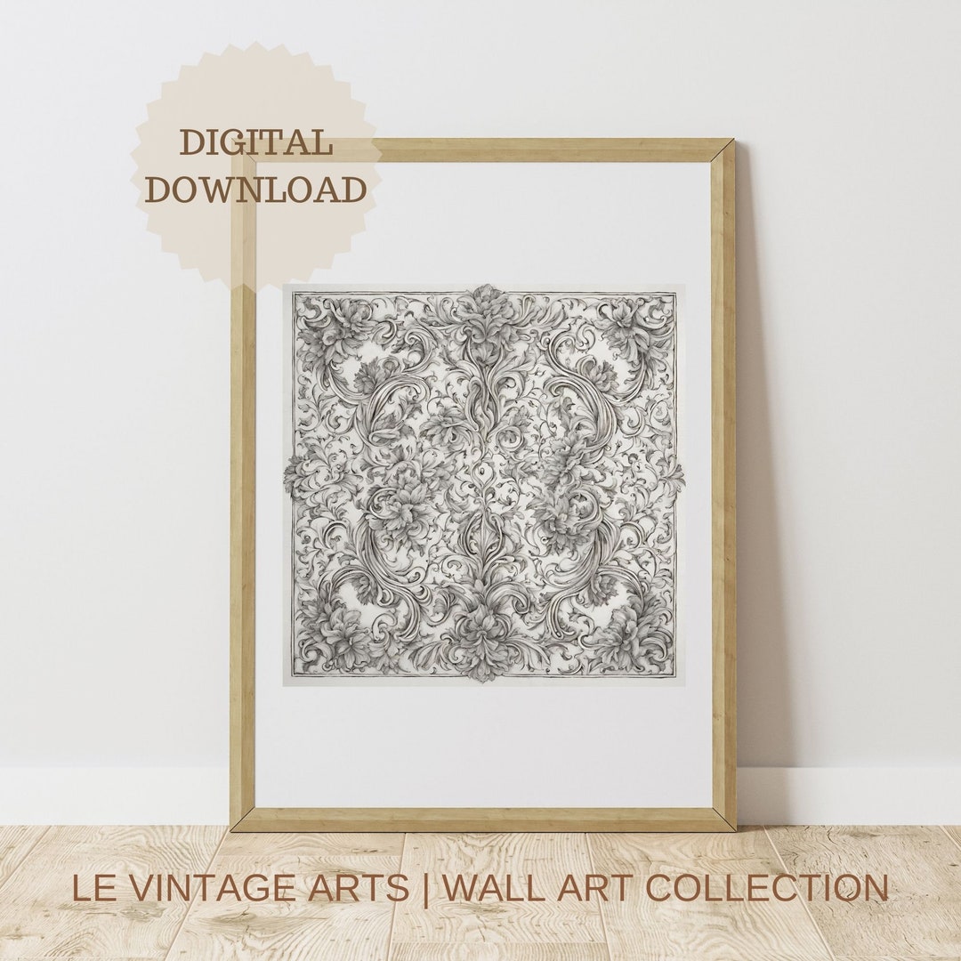 Vintage Textile Design Etching Wall Art Ornate Sketch Etsy