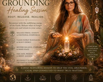 May include: An image promoting a "Grounding Healing Session" with text and a woman in a flowing robe. The text includes "Root, Release, Realign" and benefits like "Release Stress, Anxiety & Emotional Overwhelm." The image features crystals, candles, and a warm color palette.