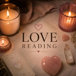 May include: A display featuring the text LOVE READING with a heart icon, surrounded by three lit candles in glass holders, a deck of tarot cards with a heart illustration, a polished rose quartz heart, and a clear quartz crystal point.