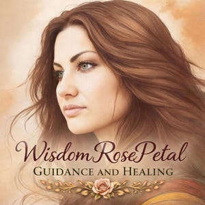 May include: A digital illustration featuring a person with long wavy brown hair looking to the side. The text WisdomRosePetal and GUIDANCE AND HEALING appears in dark brown script and serif font, centered above a small illustration of a pink rose.