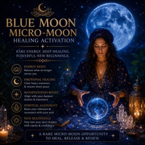 Peut inclure: Image mystique avec une femme en robe bleue et coiffe, devant une boule de cristal lumineuse. Le texte dit "Blue Moon Micro-Moon Healing Activation" avec des détails sur la guérison émotionnelle et les nouveaux départs. Une pleine lune est en arrière-plan.
