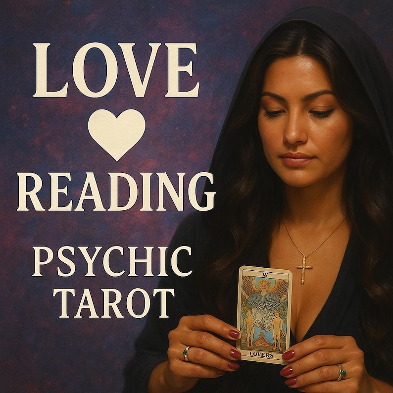 May include: A person wearing a dark hooded garment and a gold cross necklace holds a Lovers tarot card. The text LOVE, a white heart icon, READING, PSYCHIC, and TAROT are printed in white on the left side against a dark purple textured background.