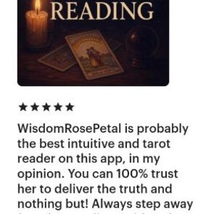 May include: A dark graphic featuring the text LOVE READING in cream-colored letters. Two lit candles with warm yellow flames stand on the left, while a tarot card showing a couple and a crystal ball are positioned on a dark surface under a crescent moon.