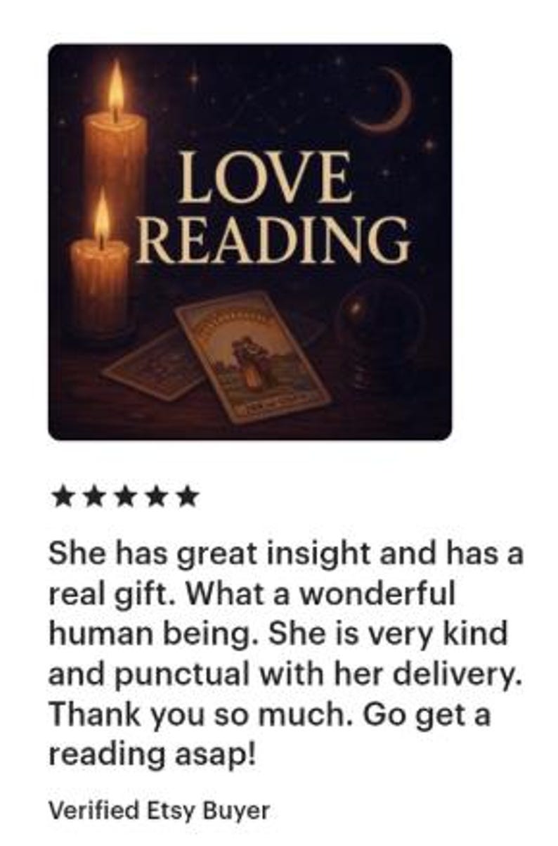 May include: A dark graphic featuring the text LOVE READING in cream-colored letters. Two lit candles with warm flames stand on the left, while a tarot card showing a couple and a dark crystal ball are positioned on a wooden surface under a crescent moon.
