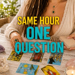 May include: A tarot card reading setup featuring five cards laid out on a wooden surface, including the Justice card. The text SAME HOUR ONE QUESTION is overlaid in yellow and cyan. The scene includes crystals, a candle, and gold jewelry.