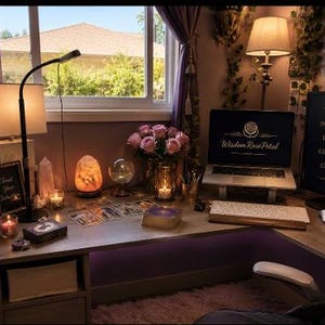 May include: A desk setup featuring a laptop displaying the text Wisdom Rose Petal, a monitor with the words Intuition, Insight, Guidance, Clarity, a salt lamp, tarot cards, a crystal ball, amethyst clusters, candles, and a bouquet of pink roses.