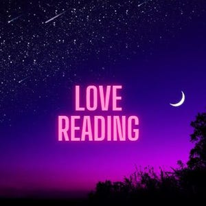 May include: A digital graphic featuring a vibrant purple and dark blue night sky filled with stars and a crescent moon. The text LOVE READING is displayed in the center in a bright pink neon font, with dark silhouettes of trees at the bottom.
