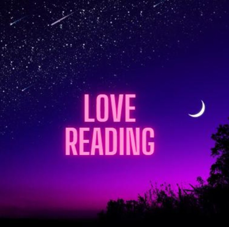 May include: A digital graphic featuring a vibrant purple and dark blue night sky filled with stars and a crescent moon. The text LOVE READING is displayed in the center in a bright pink neon font, with dark silhouettes of trees at the bottom.