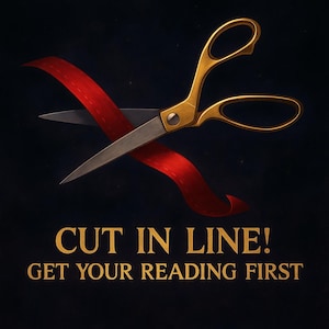 Puede incluir: Tijeras doradas cortando una cinta roja sobre un fondo azul oscuro. El texto "CUT IN LINE! GET YOUR READING FIRST" se muestra en letras doradas debajo de las tijeras y la cinta.
