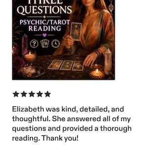 May include: A psychic tarot reading service advertisement featuring the text THREE QUESTIONS PSYCHIC/TAROT READING with icons of a question mark, tarot cards, and a clock. A person with long hair and glasses holds a tarot card over a dark table.
