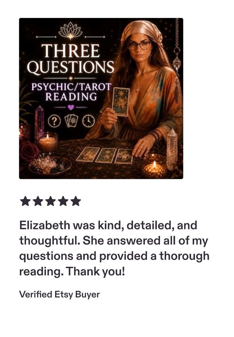 May include: A psychic tarot reading service advertisement featuring the text THREE QUESTIONS PSYCHIC/TAROT READING with icons of a question mark, tarot cards, and a clock. A person with long hair and glasses holds a tarot card over a dark table.