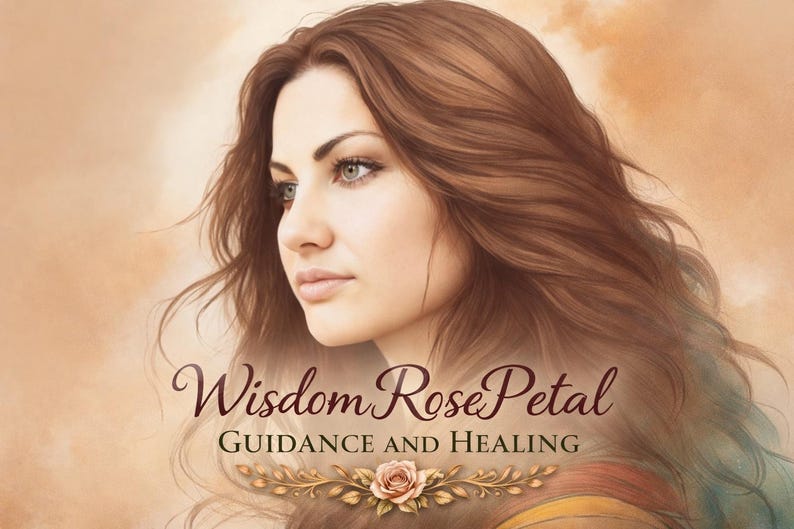 May include: A digital illustration featuring a person with long wavy brown hair looking to the side. The text WisdomRosePetal and GUIDANCE AND HEALING appears in dark brown script and serif font, centered above a small illustration of a pink rose.