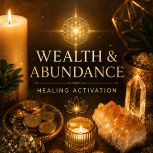 May include: A gold-toned graphic featuring the text WEALTH & ABUNDANCE HEALING ACTIVATION with a central flower of life symbol. The image includes a tall white candle, a bowl of gold coins, a small lit votive candle, and a large citrine crystal.