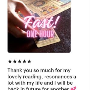 May include: A set of tarot cards laid out on a dark surface with the text Fast! ONE HOUR overlaid in pink. The cards feature intricate illustrations with muted colors, including figures and celestial symbols, while a hand touches one card.