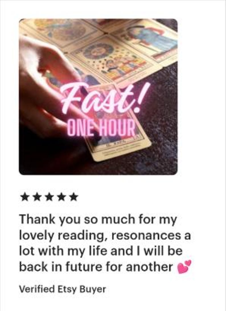 May include: A set of tarot cards laid out on a dark surface with the text Fast! ONE HOUR overlaid in pink. The cards feature intricate illustrations with muted colors, including figures and celestial symbols, while a hand touches one card.