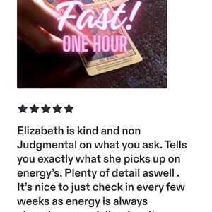 May include: A set of tarot cards laid out on a dark surface with the text Fast! ONE HOUR overlaid in pink. The cards feature detailed illustrations and Roman numerals, including the card labeled II. PAPA, with a hand resting near the cards.