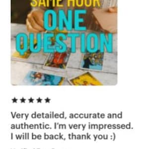 May include: A set of tarot cards laid out on a surface with the text SAME HOUR ONE QUESTION overlaid in yellow and cyan. The cards feature colorful illustrations and intricate designs. A five-star rating and a positive customer review are visible.