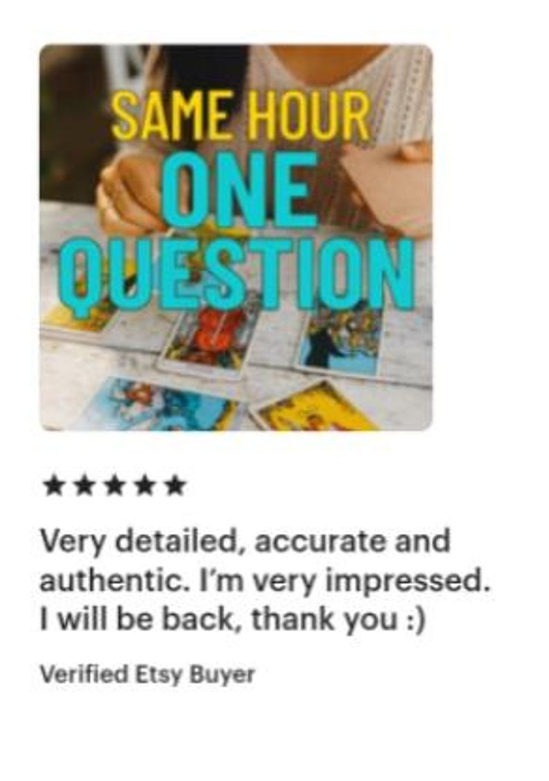 May include: A set of tarot cards laid out on a surface with the text SAME HOUR ONE QUESTION overlaid in yellow and cyan. The cards feature colorful illustrations and intricate designs. A five-star rating and a positive customer review are visible.