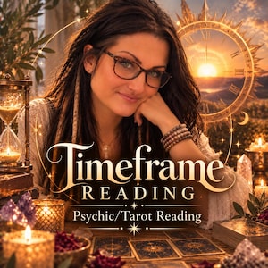 May include: A person with dark hair and glasses wearing a white top, positioned behind a table with tarot cards, lit candles, an hourglass, and crystals. The text reads Timeframe READING Psychic/Tarot Reading with a large clock face in the background.