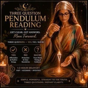 May include: An advertisement for a pendulum reading service. The image features a woman holding a pendulum, with text overlayed that reads "Three Question Pendulum Reading." The text also includes "Get Clear. Get Answers. Move Forward."