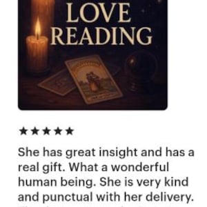 May include: A dark graphic featuring the text LOVE READING in cream-colored letters. Two lit candles with warm flames stand on the left, while a tarot card showing a couple and a dark crystal ball are positioned on a wooden surface under a crescent moon.