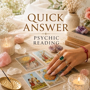 May include: A psychic reading setup featuring tarot cards including The Sun, Wheel of Fortune, and Ace of Cups. A hand with gold rings rests on the cards. The scene includes a lit candle, raw crystals, an incense holder, and books titled Crystals.