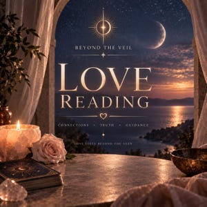 May include: A graphic design featuring the text BEYOND THE VEIL LOVE READING CONNECTIONS TRUTH GUIDANCE LOVE LIVES BEYOND THE SEEN. The image shows a candle, a rose, a deck of cards, and a bowl on a table overlooking a sunset sea view.