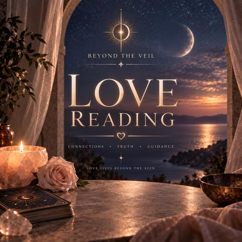 May include: A graphic design featuring the text BEYOND THE VEIL LOVE READING CONNECTIONS TRUTH GUIDANCE LOVE LIVES BEYOND THE SEEN. The image shows a candle, a rose, a deck of cards, and a bowl on a table overlooking a sunset sea view.