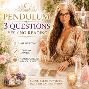 Puede incluir: Un anuncio de servicio de lectura con péndulo con el texto PENDULUM 3 QUESTIONS YES / NO READING. La imagen muestra a una persona sosteniendo un péndulo de cristal sobre tres cartas, rodeada de cristales, velas y arreglos florales.