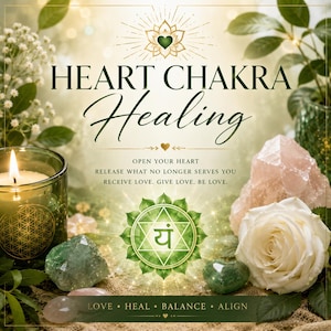 Puede incluir: Un gráfico con el texto HEART CHAKRA Healing, Open your heart, Release what no longer serves you, Receive love. Give love. Be love. Love. Heal. Balance. Align. Incluye una vela verde, cuarzo rosa, cristales verdes y una rosa blanca.