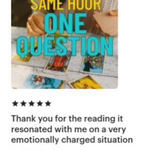 May include: A set of tarot cards laid out on a table with the text SAME HOUR ONE QUESTION overlaid in yellow and cyan. The cards feature colorful illustrations and intricate designs. Below the image, a five-star review reads: Thank you for the reading it resonated with me on a very emotionally charged situation. Verified Etsy Buyer.