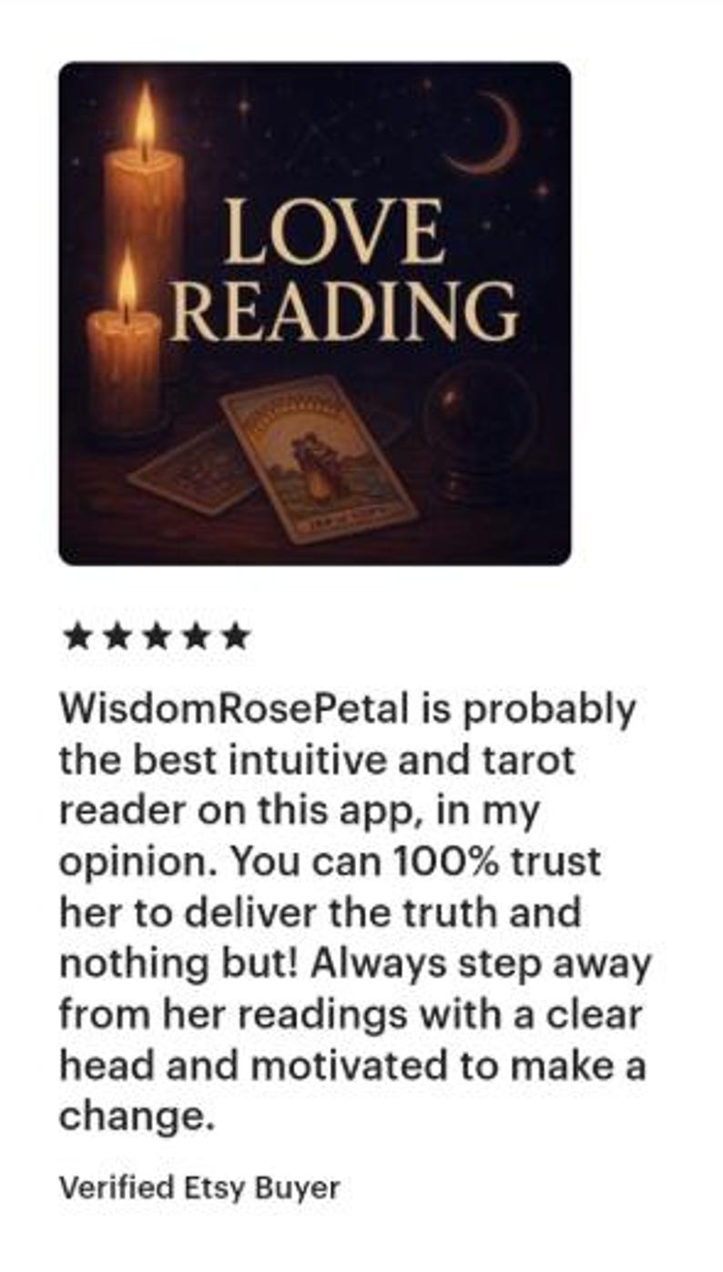 May include: A dark graphic featuring the text LOVE READING in cream-colored letters. Two lit candles with warm yellow flames stand on the left, while a tarot card showing a couple and a crystal ball are positioned on a dark surface under a crescent moon.
