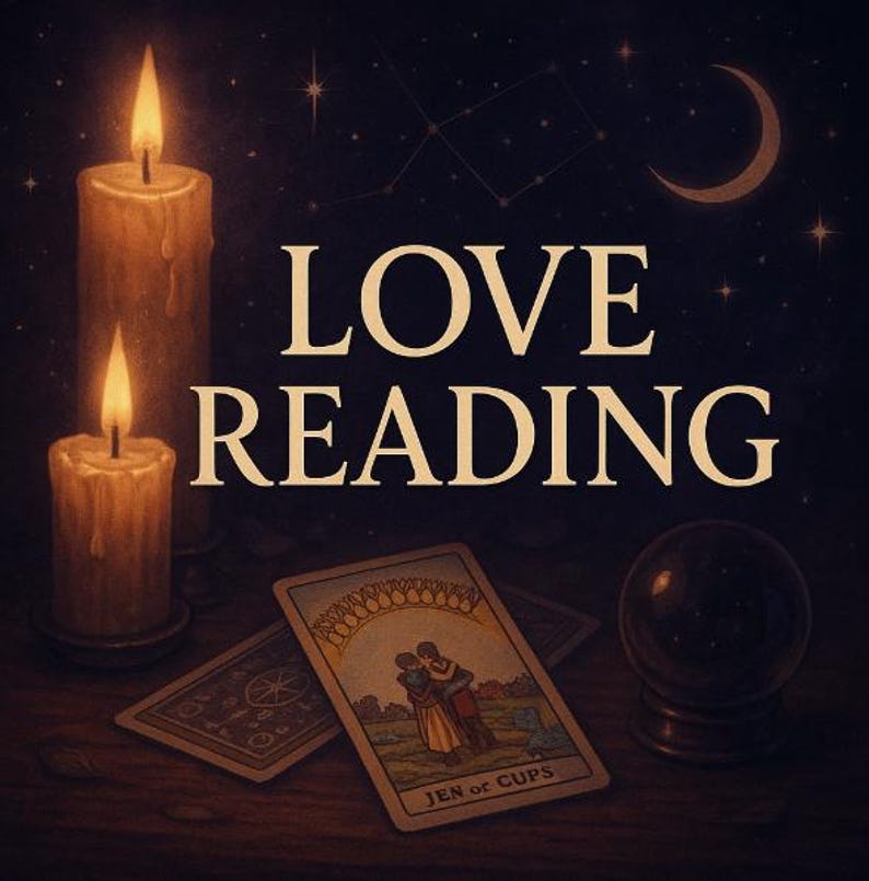 May include: A dark, atmospheric scene featuring two lit pillar candles, a crystal ball, and tarot cards, including the Ten of Cups card. The text LOVE READING is displayed in large, light-colored capital letters against a starry night sky background.