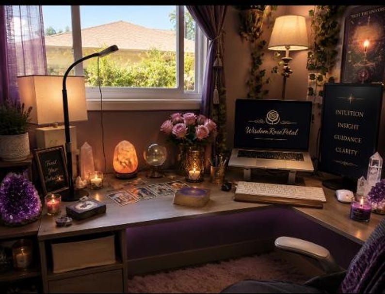 May include: A desk setup featuring a laptop displaying the text Wisdom Rose Petal, a monitor with the words Intuition, Insight, Guidance, Clarity, a salt lamp, tarot cards, a crystal ball, amethyst clusters, candles, and a bouquet of pink roses.