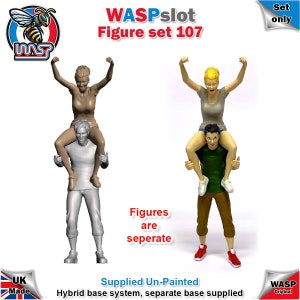 May include: Two unpainted figures in a piggyback pose. The figures are separate and come with a hybrid base system. The figures are part of a set called "WASPslot Figure set 107".