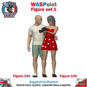May include: Two unpainted figures, a man and a woman, are posed as if taking a photo. The man is wearing a white t-shirt and green shorts. The woman is wearing a red dress with white polka dots. The text "WASPslot Figure set 1" is at the top of the image. The text "Figure 134" is below the man and the text "Figure 135" is below the woman. The text "Supplied Un-Painted Hybrid base system, separate base supplied" is at the bottom of the image.