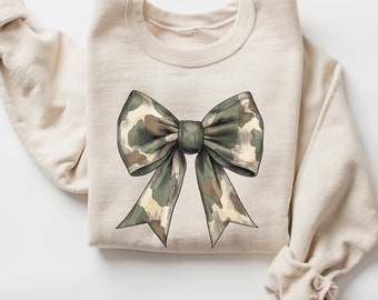 Camo Bow Sweatshirt, Camo Coquette Bow Shirt, Duck Hunting Sweatshirt, Old School Camo Shirt, Womens Camouflage Bow Shirt, Camo Shirt