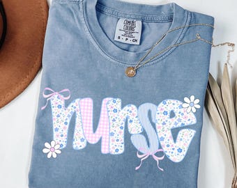 Floral Nurse Comfort Colors Shirt, Cute RN Tshirt, Coquette Nursing Tee, Nurse Bow, Nurse Appreciation Gift, Gift for Nurse, Grandmillennial