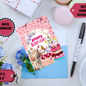 Carte de gâteau pour l’anniversaire, Carte d’anniversaire de gâteau imprimable, Carte d’anniversaire, Cupcakes, Téléchargement numérique