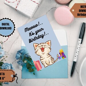 Cat Birthday Card, Printable Cat Birthday Card, Digital Download, cat cards, cute cards, Mewow card