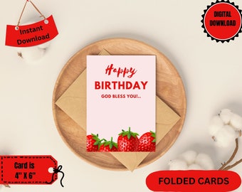 Strawberry Birthday Card, Printable Strawberry Birthday Card, Birthday Card, Strawberry card, Red card, Printable Download, Digital Download