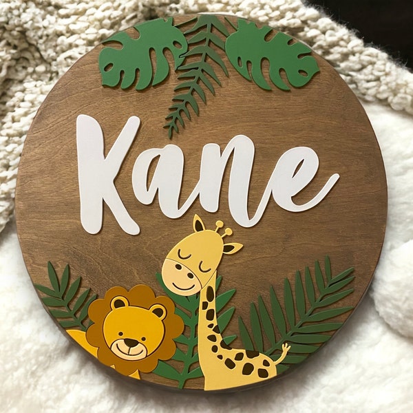 Safari Baby Name Sign | Baby Nursery Wooden Round | Hanging Name Sign | Nursery Lion Giraffe Jungle Theme Kid's Room Sign