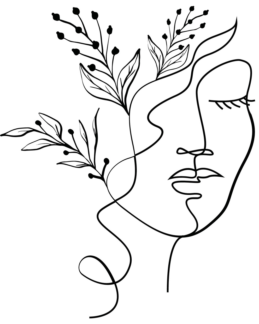 Digital Download 8x10 4x6 5x7 12x18 18x24 Line Art Flowers Face Woman
