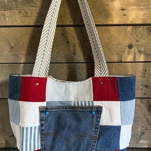 Upcycled Denim Patchwork Tote Bag: Market, Shopping, Beach Carryall