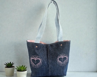Handmade Denim Tote Bag: Embroidered Hearts, Leather Bottom