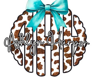 Cow Print Custom Monogram with Bow, Monogram PNG, Glitter Cow Print, Scallop Monogram, Scalloped Monogram, Western Monogram, Turquoise png