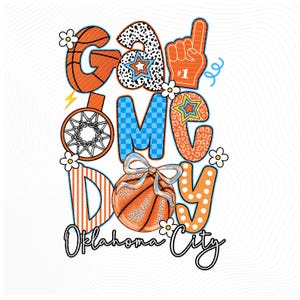 Op de afbeelding: Een kleurrijk grafisch ontwerp met de tekst "Game Day Oklahoma City". Het ontwerp bevat basketbalthema-elementen, waaronder een basketbal, een basket en een schuimvinger. De letters zijn versierd met patronen en bloemaccenten.