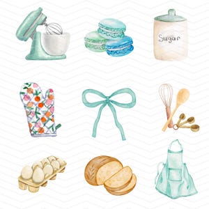 May include: A set of watercolour illustrations of baking supplies, including a stand mixer, macarons, a sugar jar, a kitchen mitt, a bow, a whisk, measuring spoons, a carton of eggs, a loaf of bread, and a green apron.