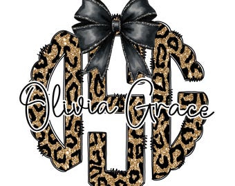 Leopard Print Custom Monogram with Bow, Leopard Monogram, Cheetah Monogram, Popular Monogram, Monogram png, Scalloped Monogram PNG