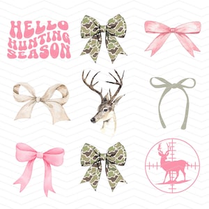 May include: A set of digital clipart images featuring a pink and white camouflage bow, a pink bow, a tan bow, a gray bow, a deer head, and a pink deer in a target scope. The text "Hello Hunting Season" is in pink.